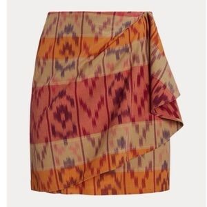 Ralph Lauren Ikat Print Orange & Red Linen Blend Wrap Mini Skirt